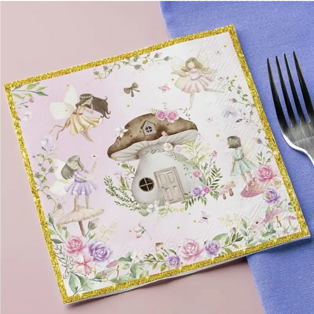 Fairy Garden Mushroom Forest House Paper Napkins with Gold Trim, 20pcs